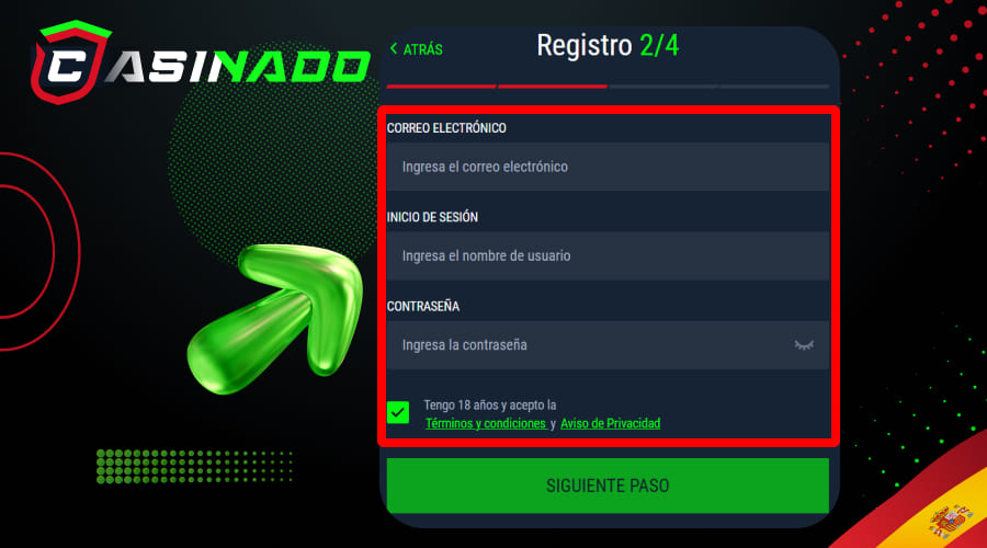Registration form with email, username, and password fields