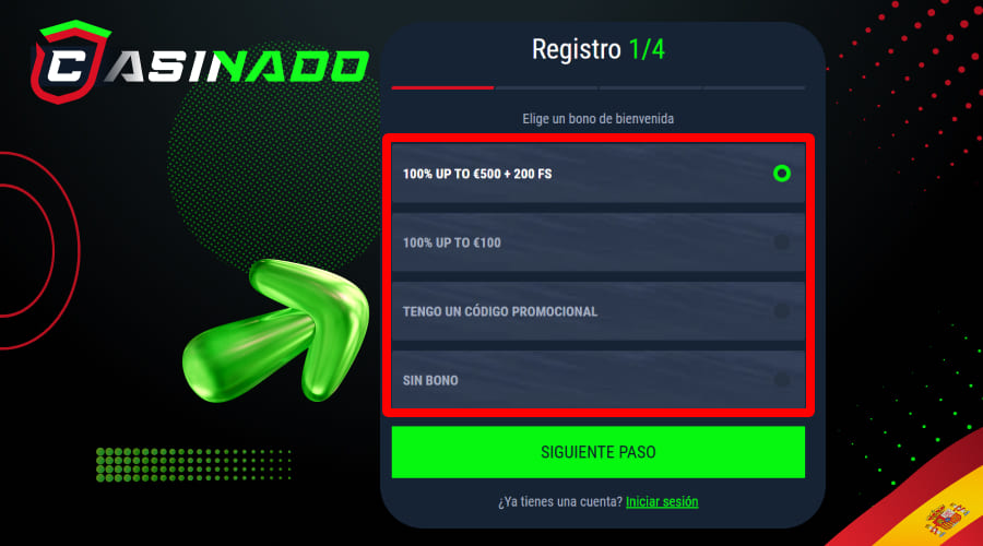 Welcome bonus selection screen with casino and sports options